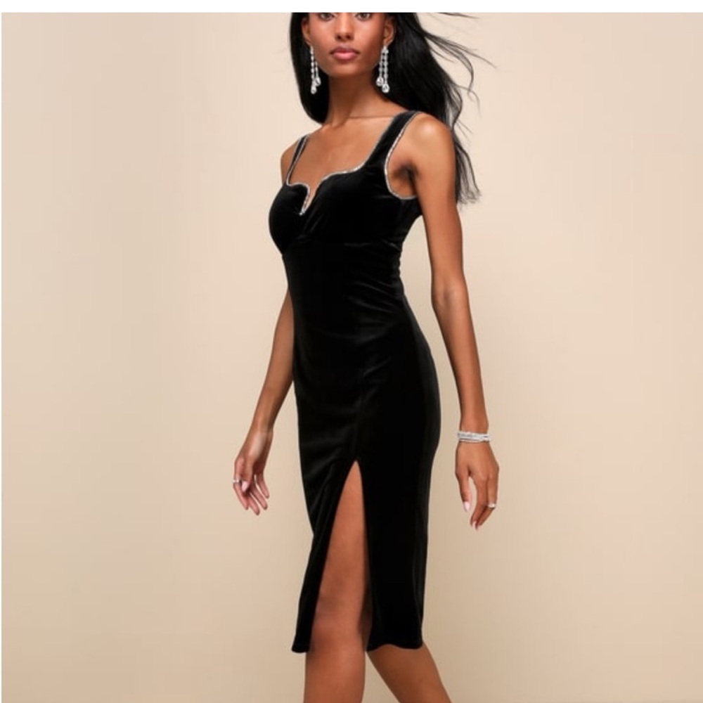 Sparkle rhinestone black velvet midi dress